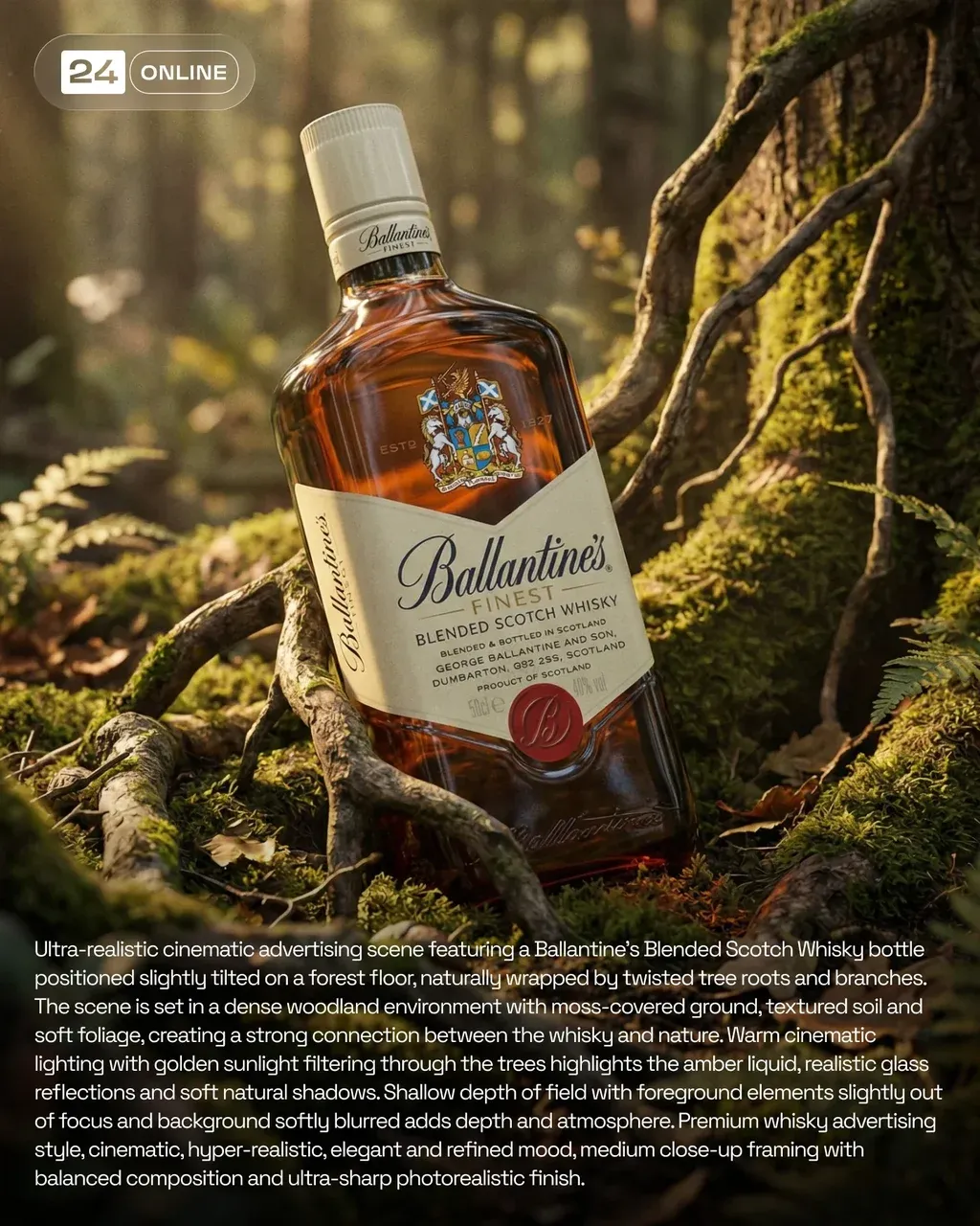 Ultra-realistic cinematic advertising scene featuring a Ballantine’s Finest Blen…