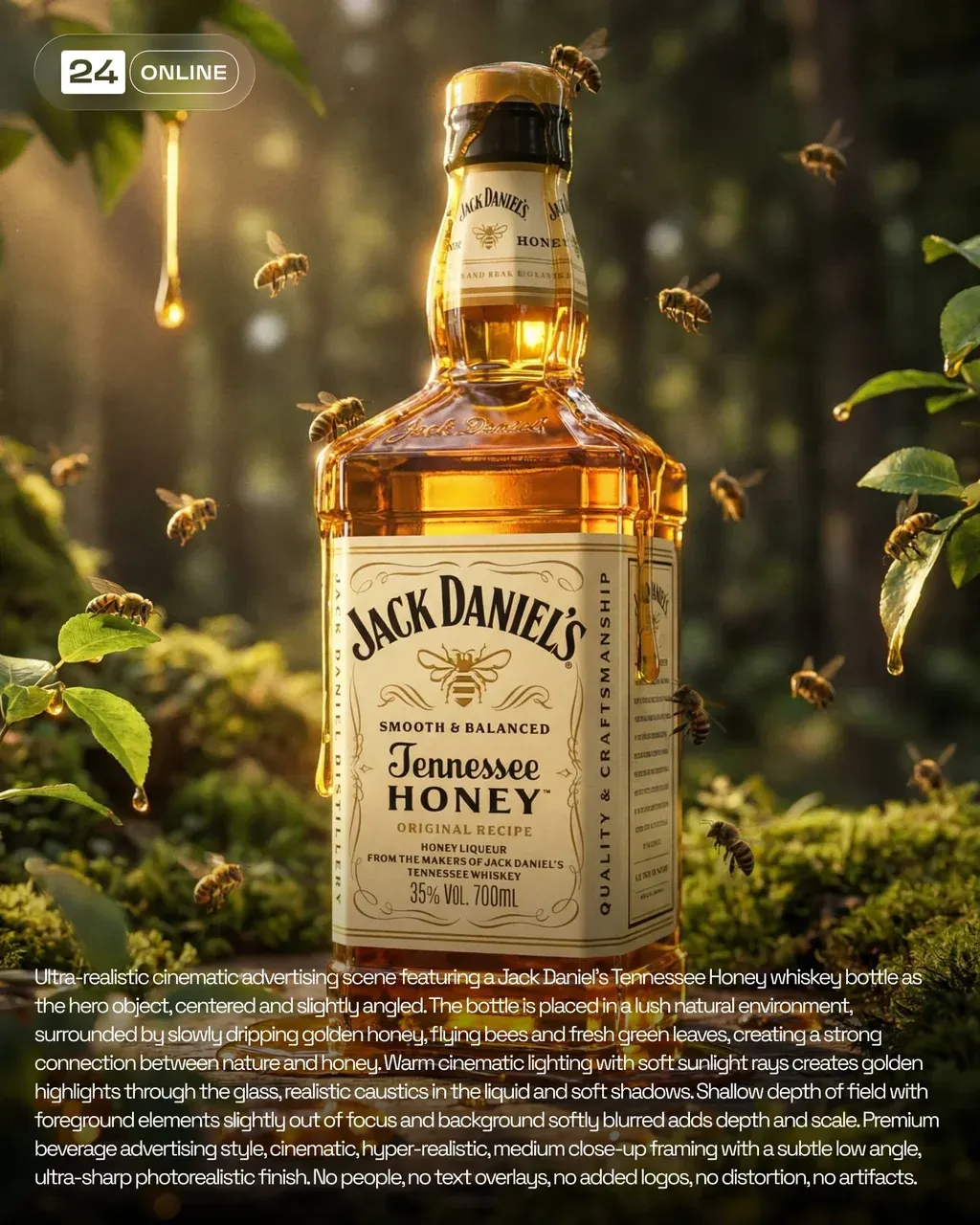 Ultra-realistic cinematic advertising scene featuring a Jack Daniel’s Tennessee …