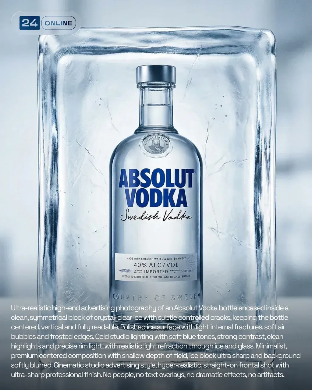 Ultra-realistic high-end studio advertising photography of an Absolut Vodka bott…