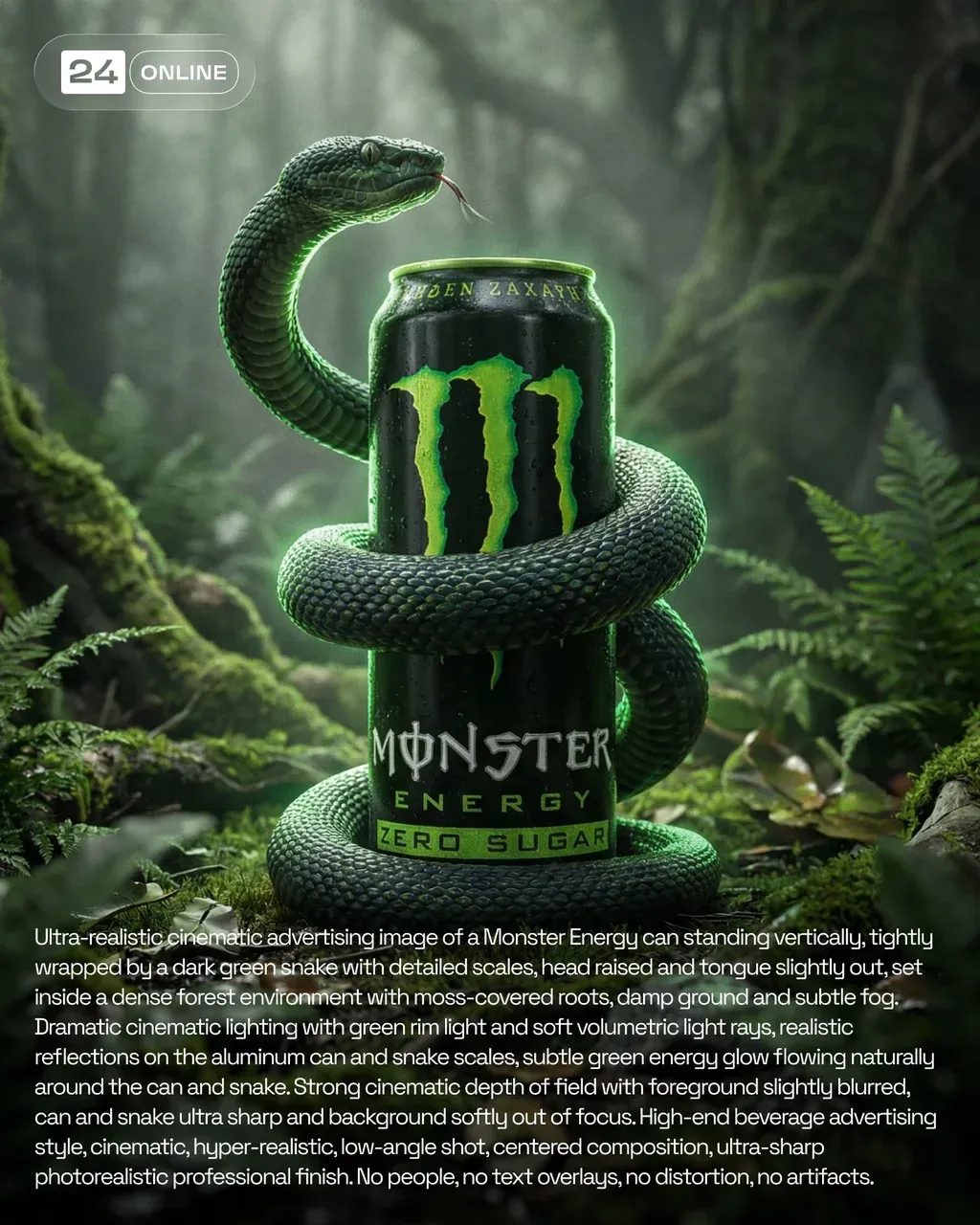 Ultra-realistic cinematic advertising image of a Monster Energy can standing