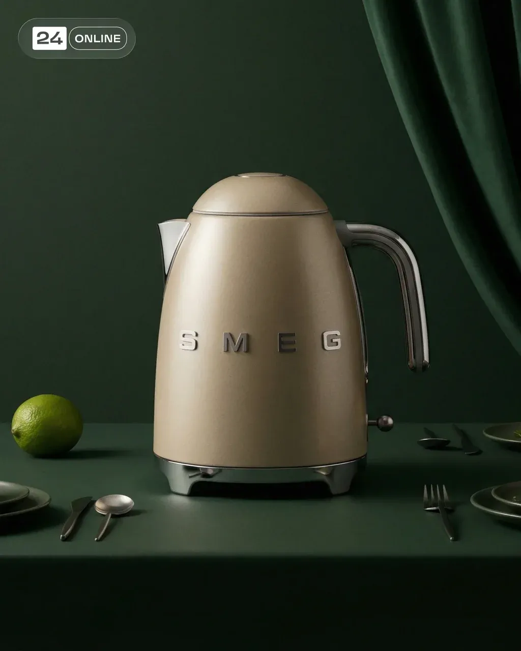 Luxury product photography of a beige SMEG electric kettle placed
