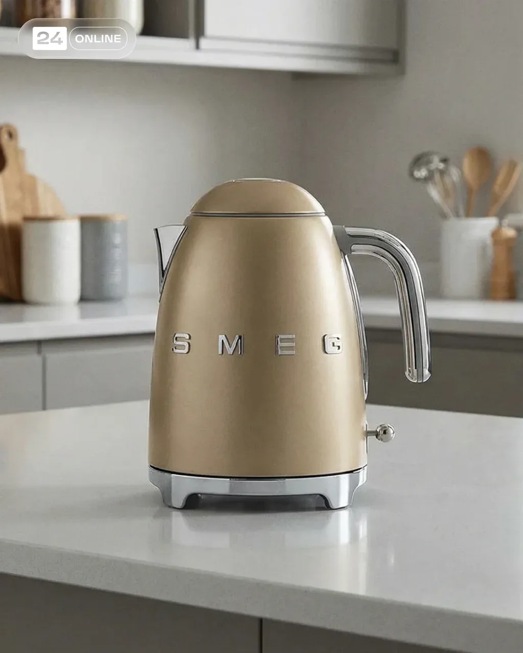 Clean minimalist kitchen product photography of a beige SMEG electric