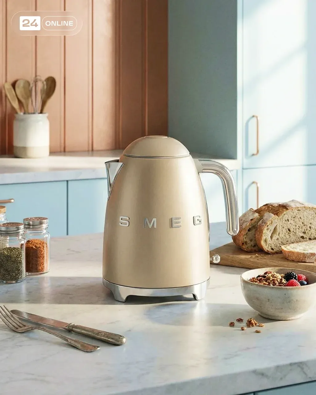 Lifestyle kitchen product photography of a beige SMEG electric kettle