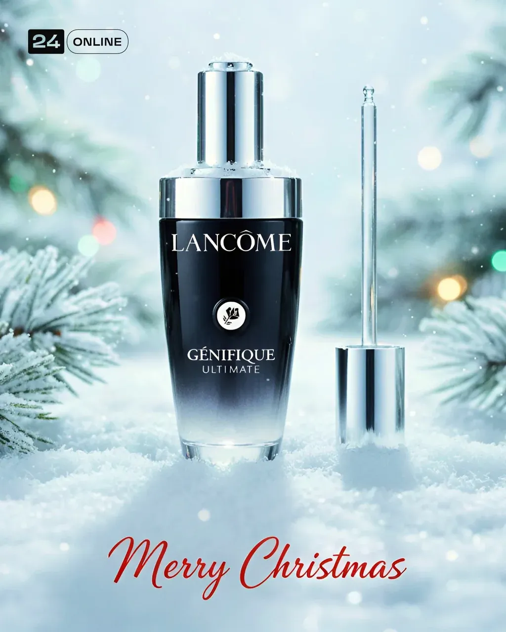 Luxury PRODUCT standing alone in snowy winter scene, elegant white