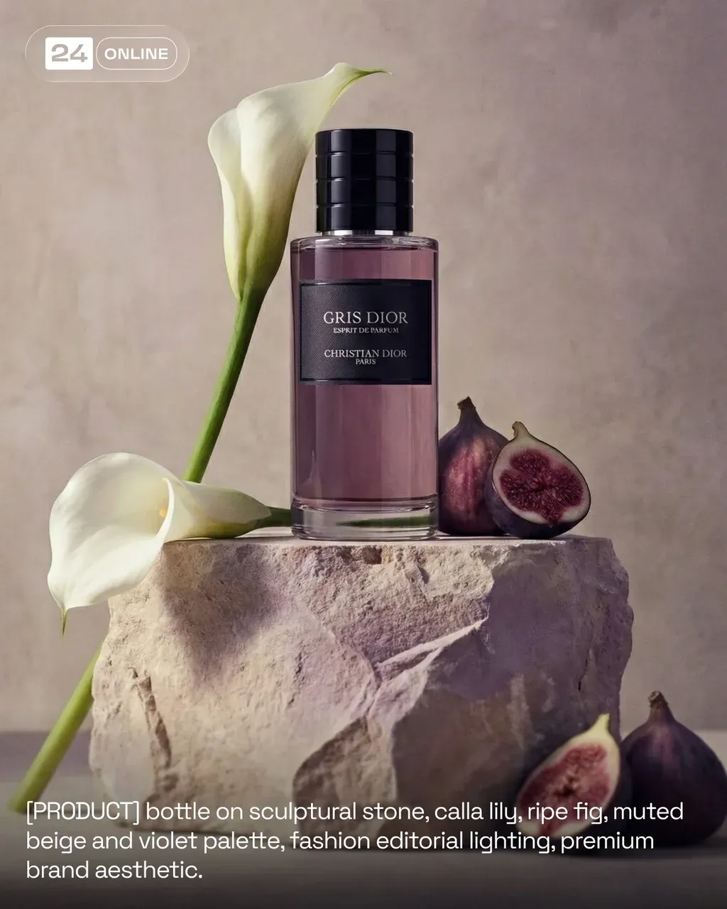 PRODUCT bottle on sculptural stone, calla lily, ripe fig, muted