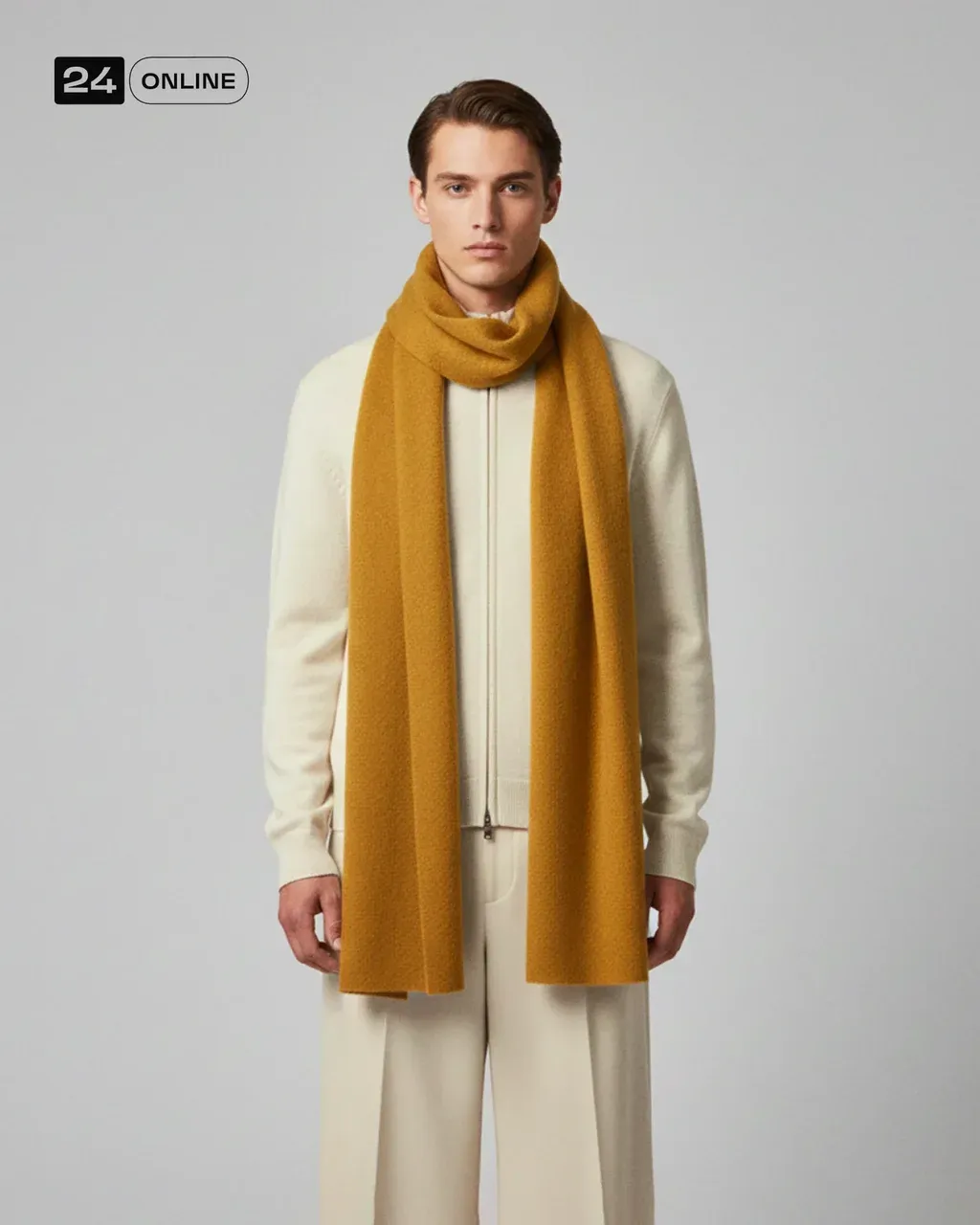 High-fashion editorial studio portrait of a man standing front-facing against
