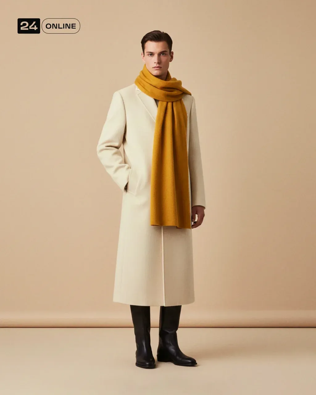 High-end editorial fashion photograph of a male model styled in