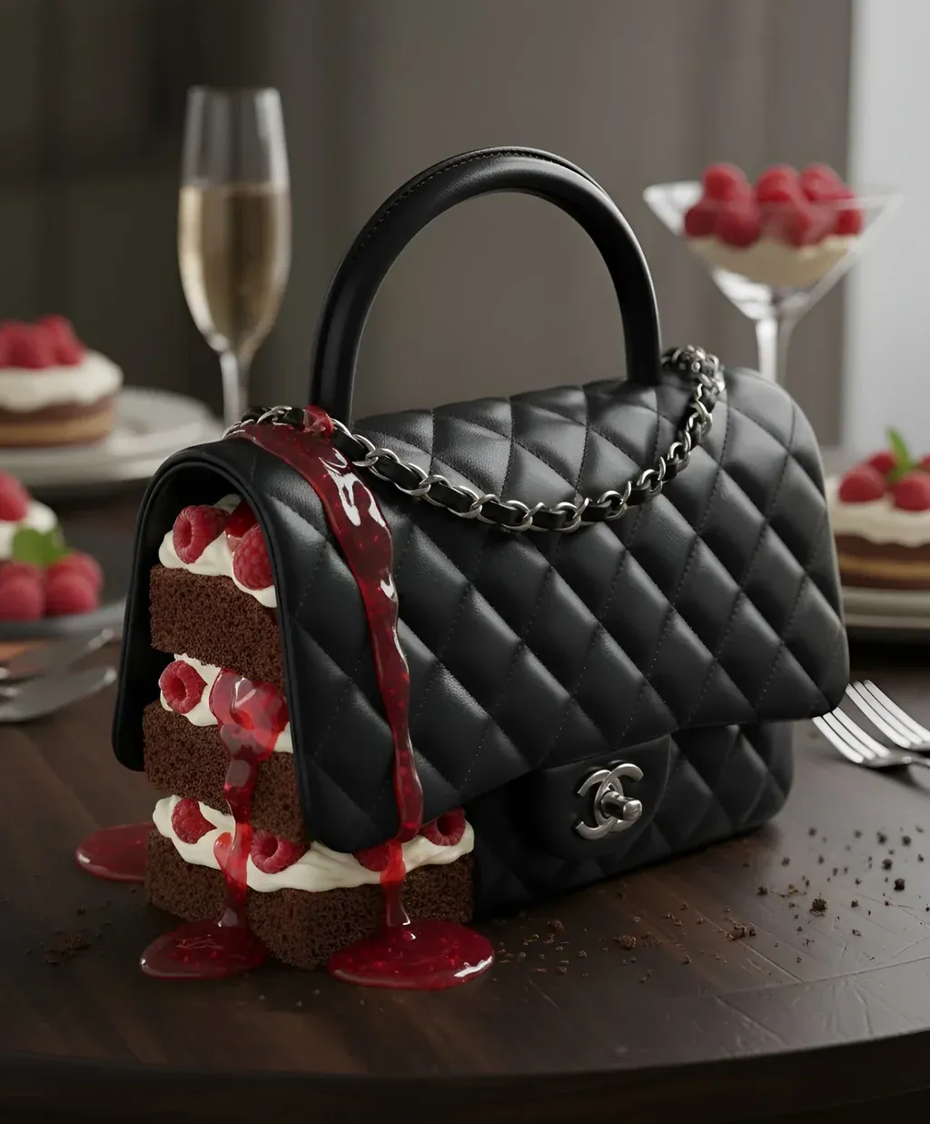 A hyperrealistic, surrealist product photograph featuring a luxury handbag model…