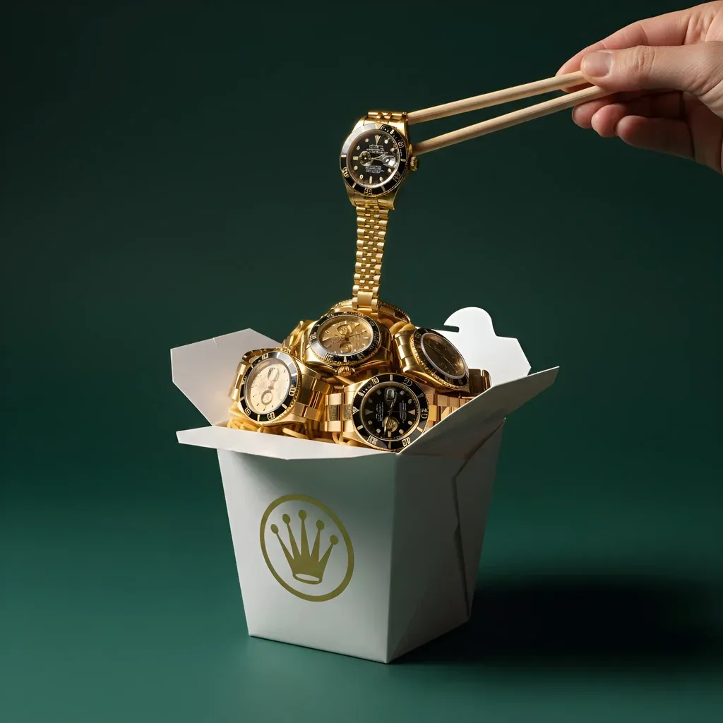 A hyperrealistic, surreal still-life photograph. A white Chinese takeout box