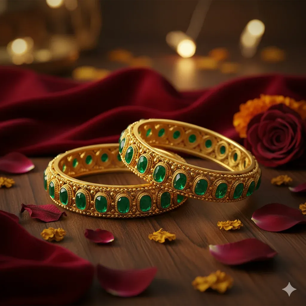 Create an ultra-realistic 8K photograph of two gold bangles made
