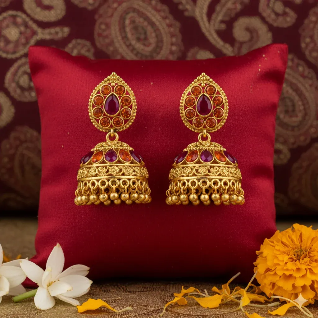 Create an ultra-realistic 8K photograph of traditional Indian gold earrings