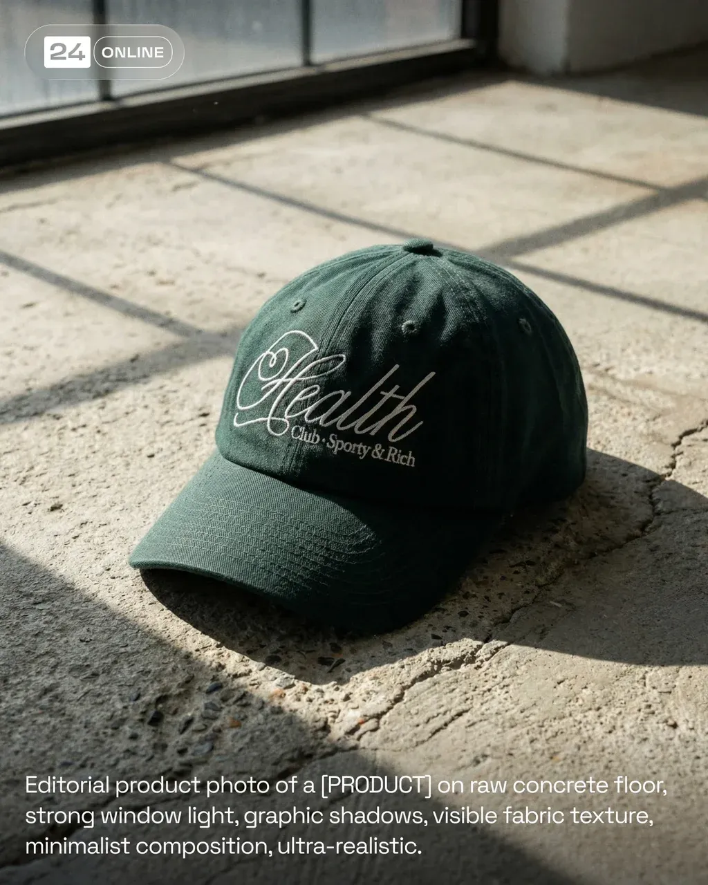 Editorial product photo of a PRODUCT on raw concrete floor,