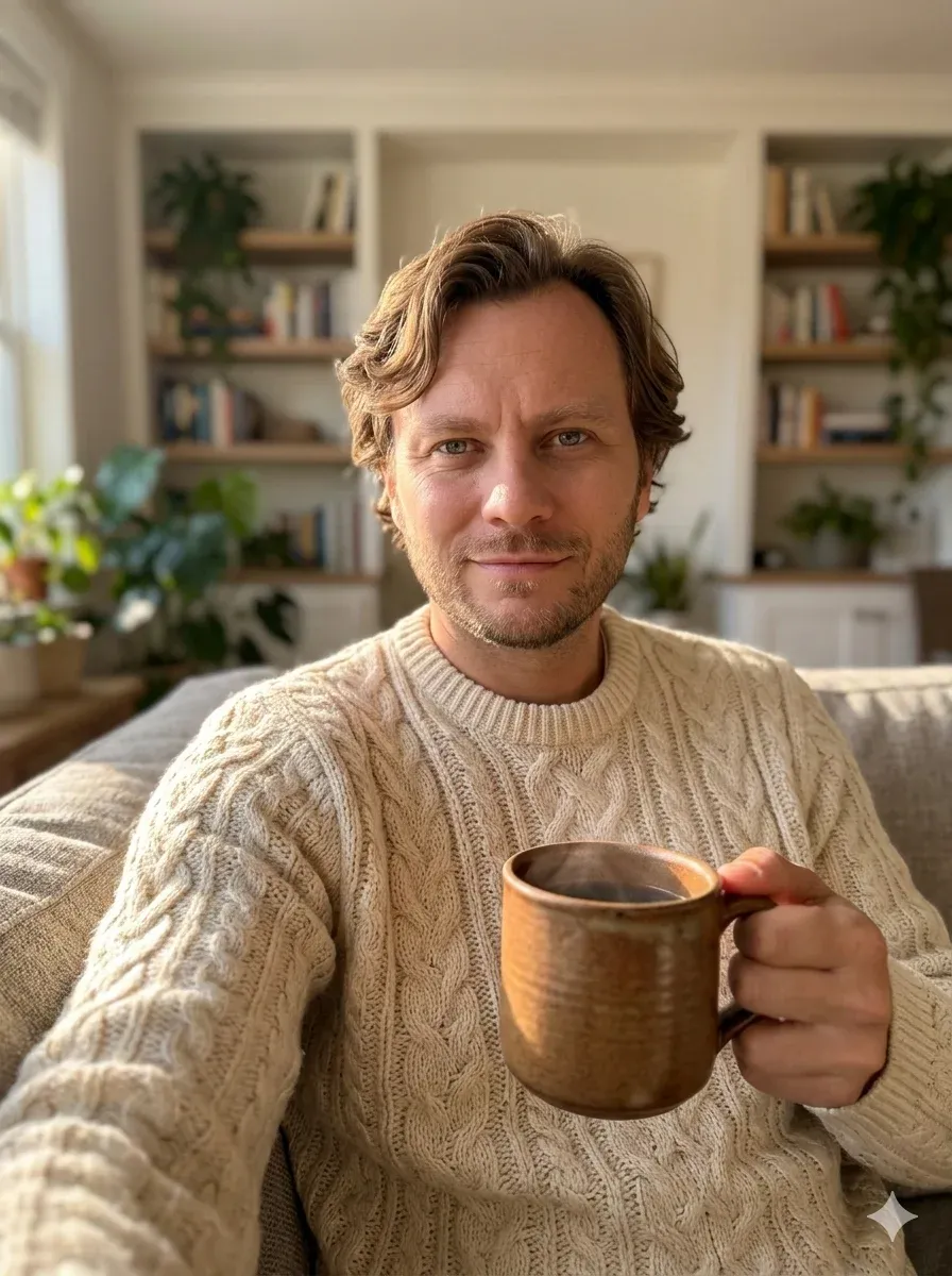 At-home selfie shot at arm’s length perspective, a young man