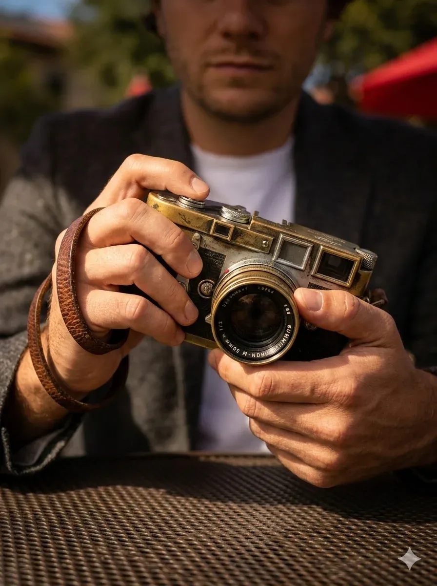 Macro close-up of a man’s hands holding a vintage film