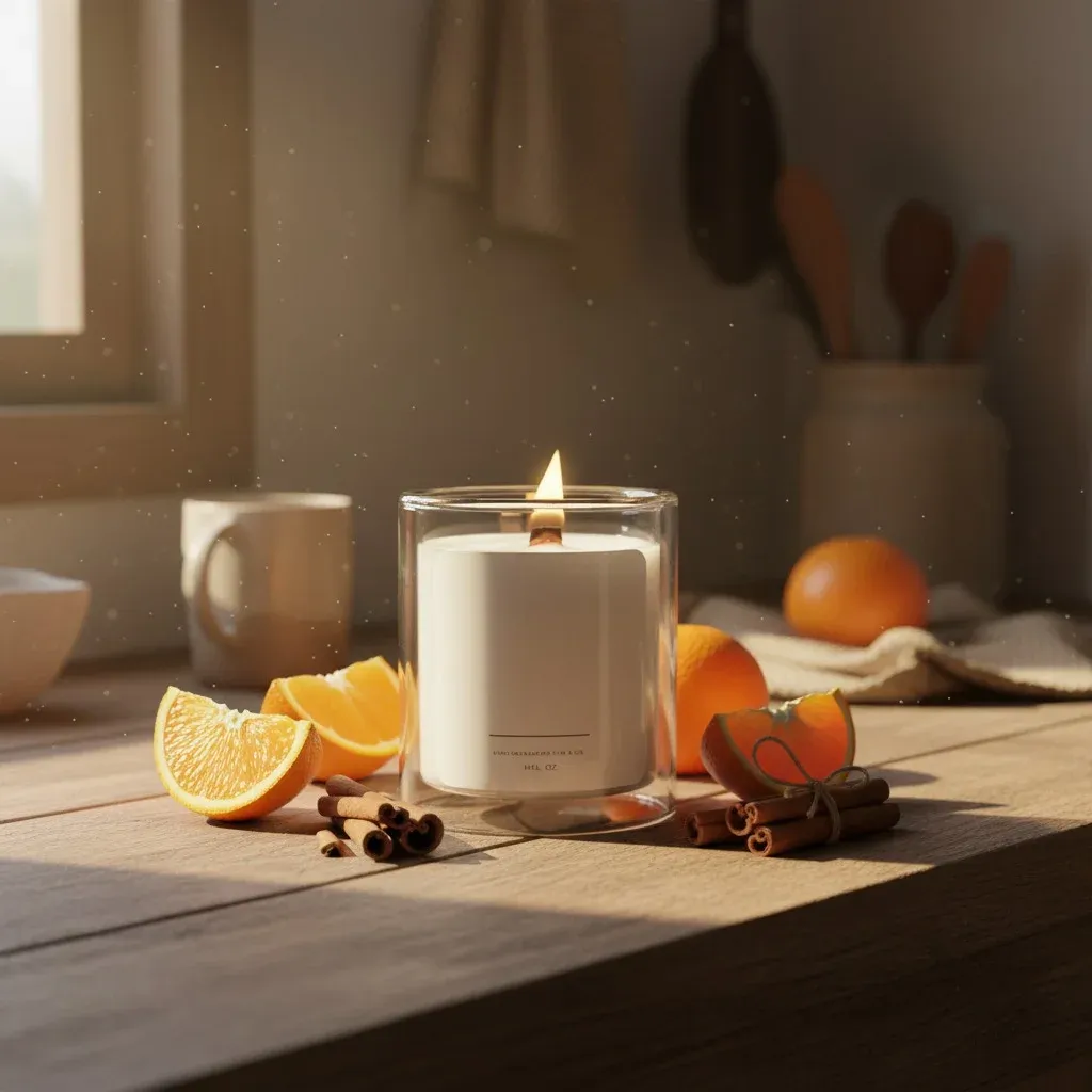 Realistic product still life of a lit minimalist candle in
