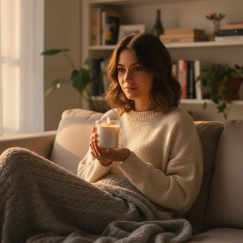 Warm cozy indoor lifestyle scene of a young woman sitting