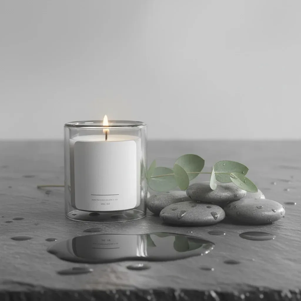 Minimalist spa still life of a lit white candle in