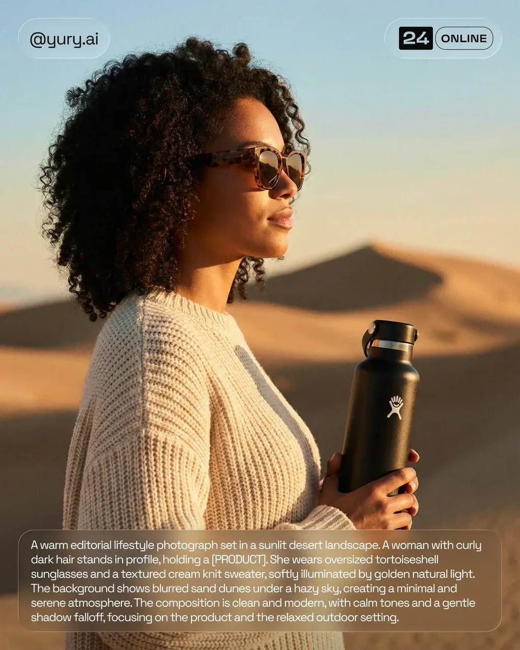 A warm editorial lifestyle photograph in a sunlit desert landscape.