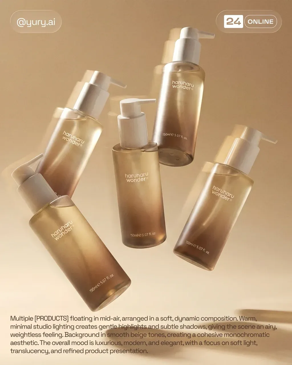 Multiple PRODUCTS floating in mid-air, arranged in a soft, dynamic