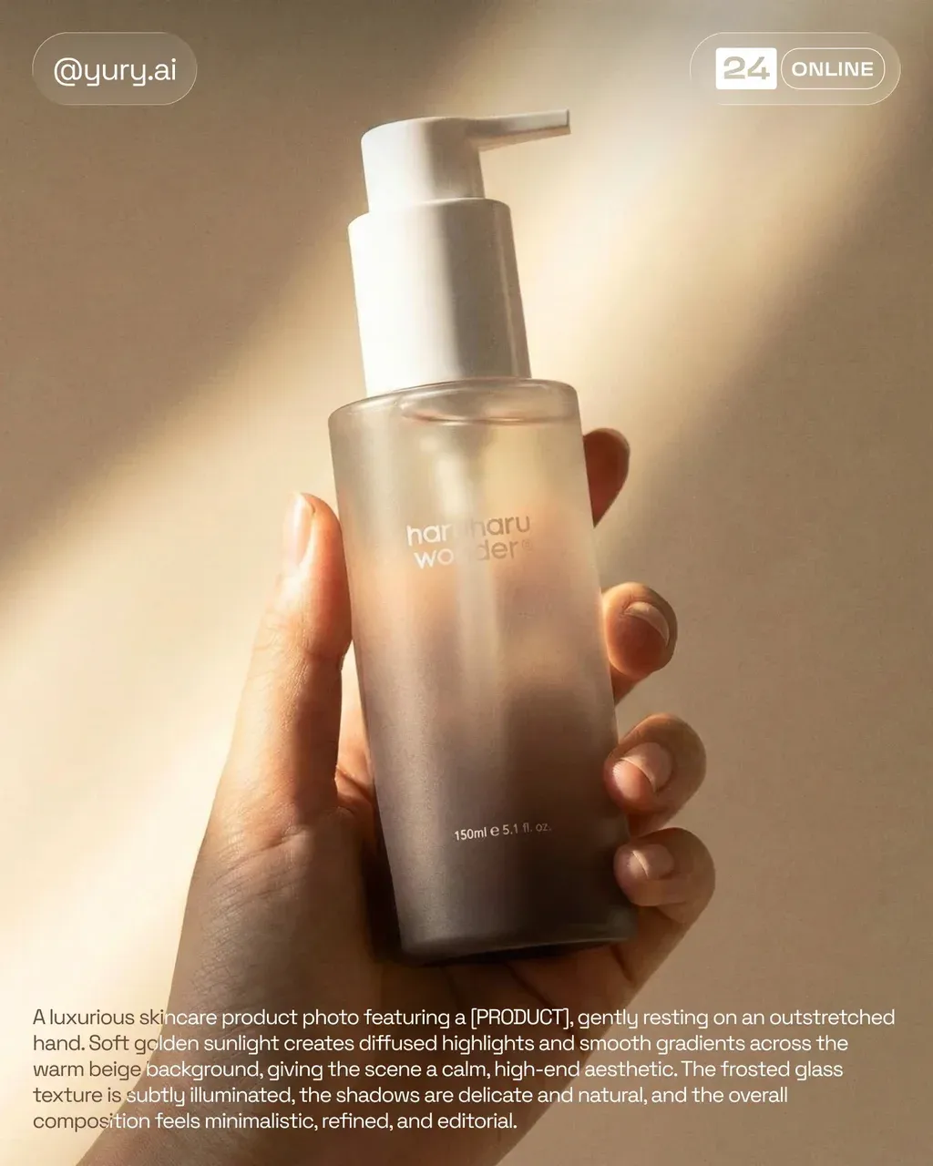 A luxurious skincare product photo featuring a PRODUCT , gently