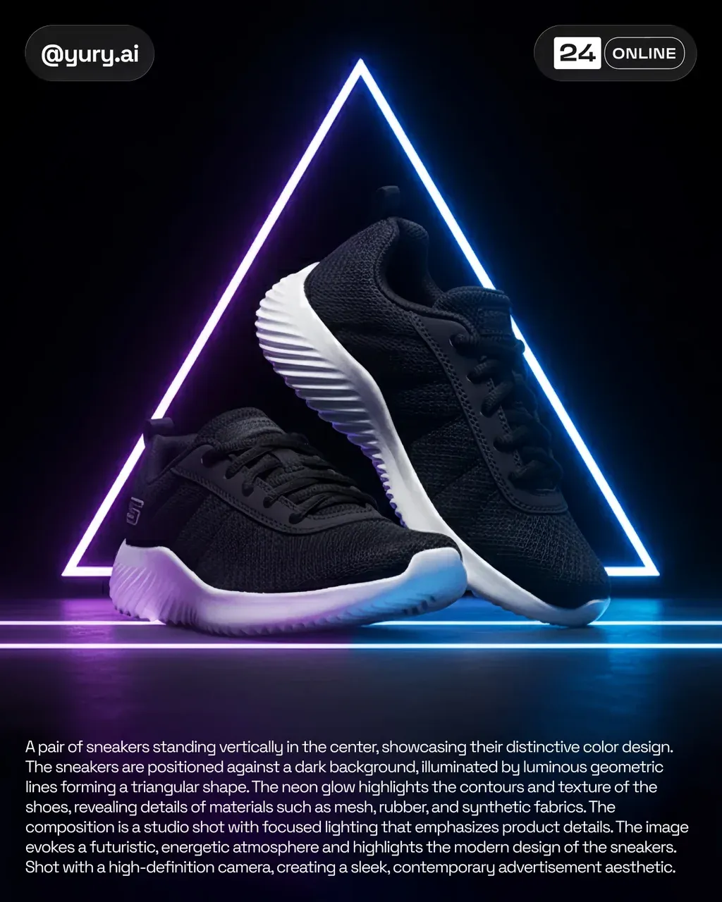 A pair of sneakers standing vertically in the center, showcasing