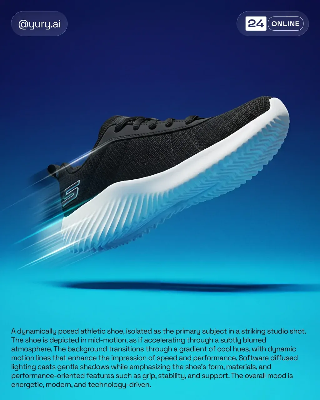 A dynamically posed athletic shoe, isolated as the primary subject
