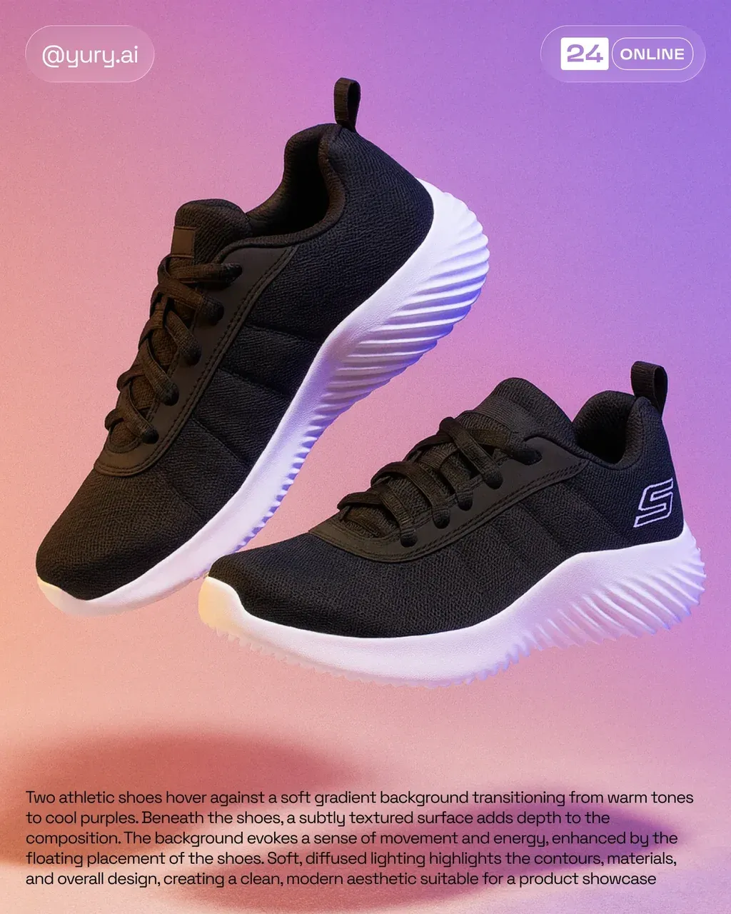 Two athletic shoes hover against a soft gradient background transitioning
