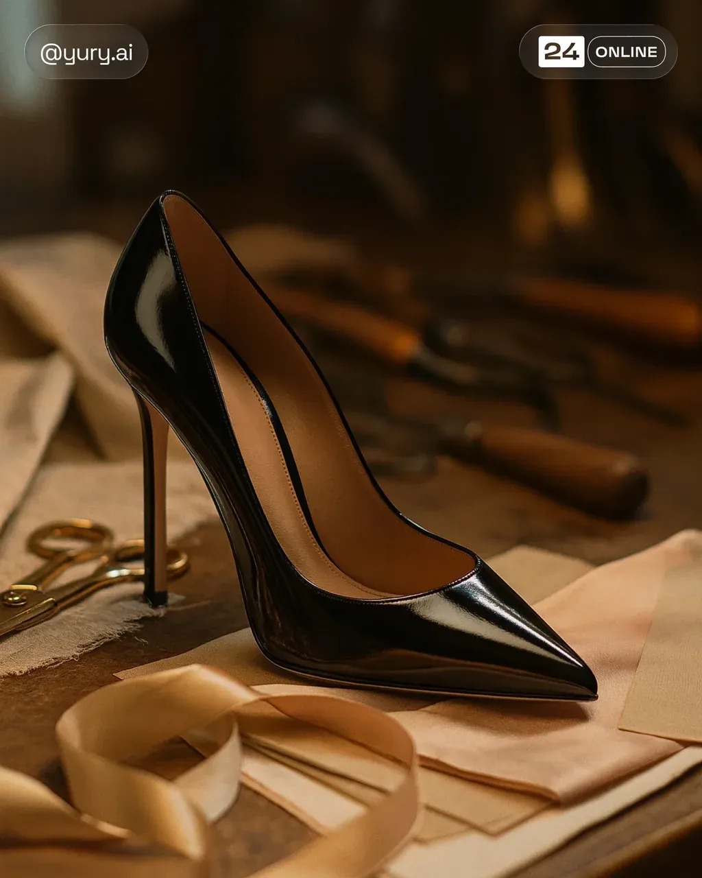 Editorial still life composition of a luxury stiletto heel mid-creation