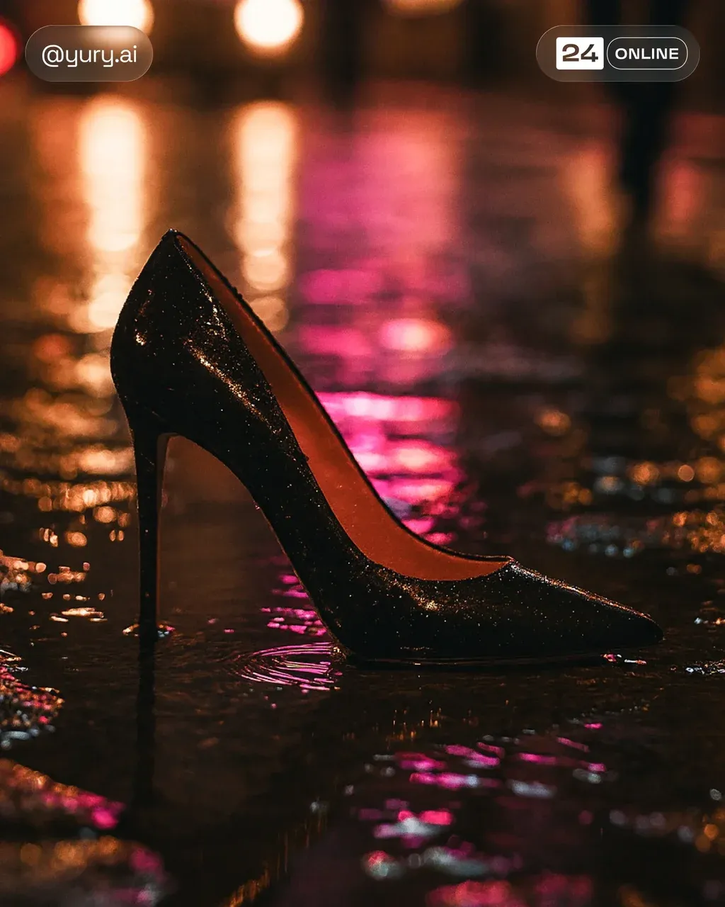 Ultra-dramatic studio campaign shot of a single stiletto heel in