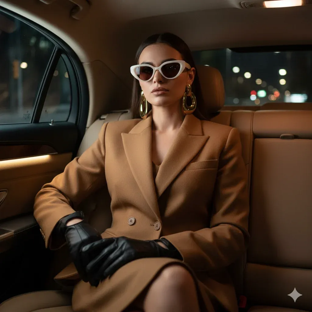 A woman sits confidently in the backseat of a car