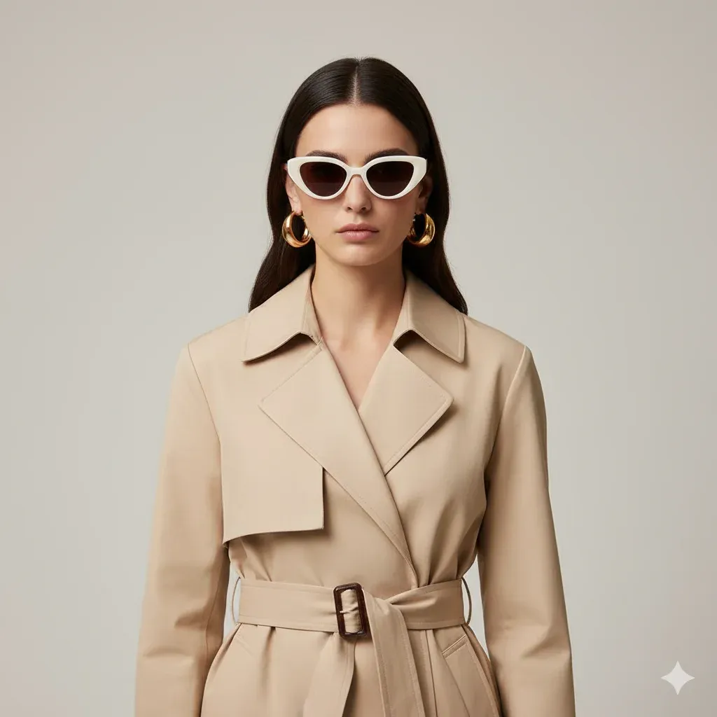 A woman stands against a soft, neutral background, embodying modern