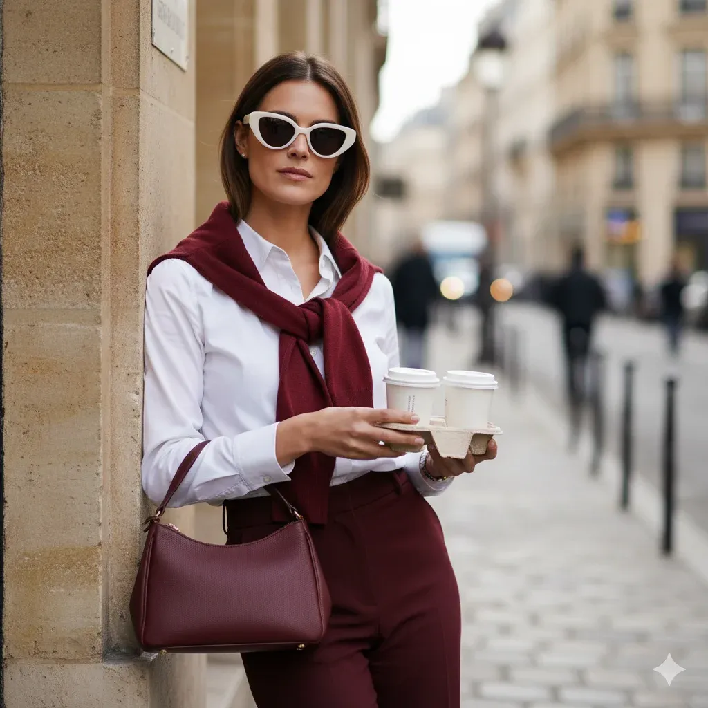 A woman stands on a city street, leaning casually against
