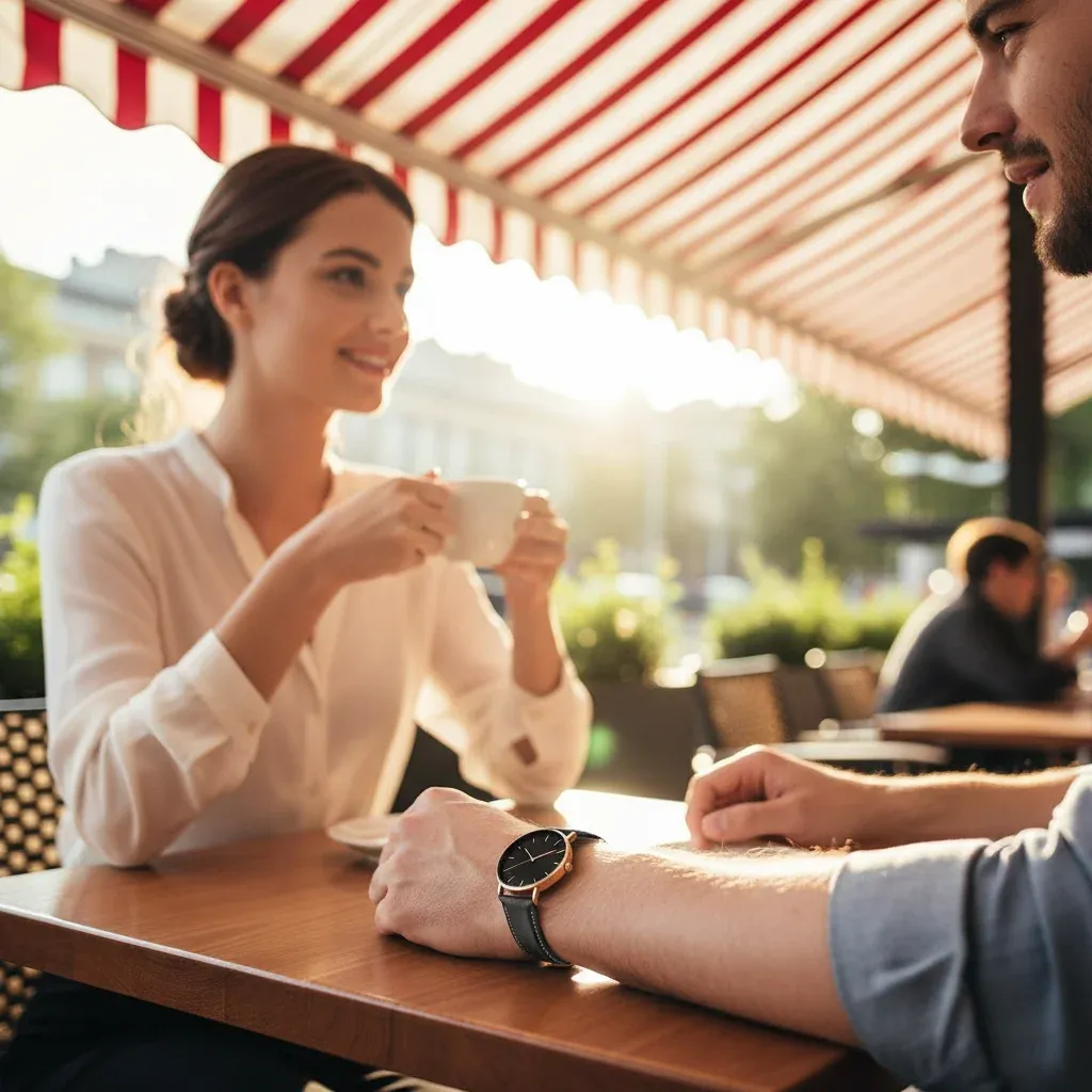 Cinematic lifestyle photo of two people sitting at an outdoor