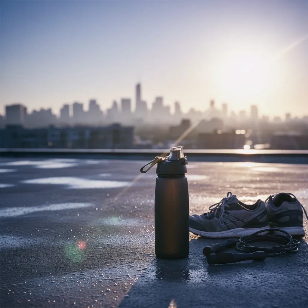 Wide cinematic shot of the same fitness shaker bottle placed