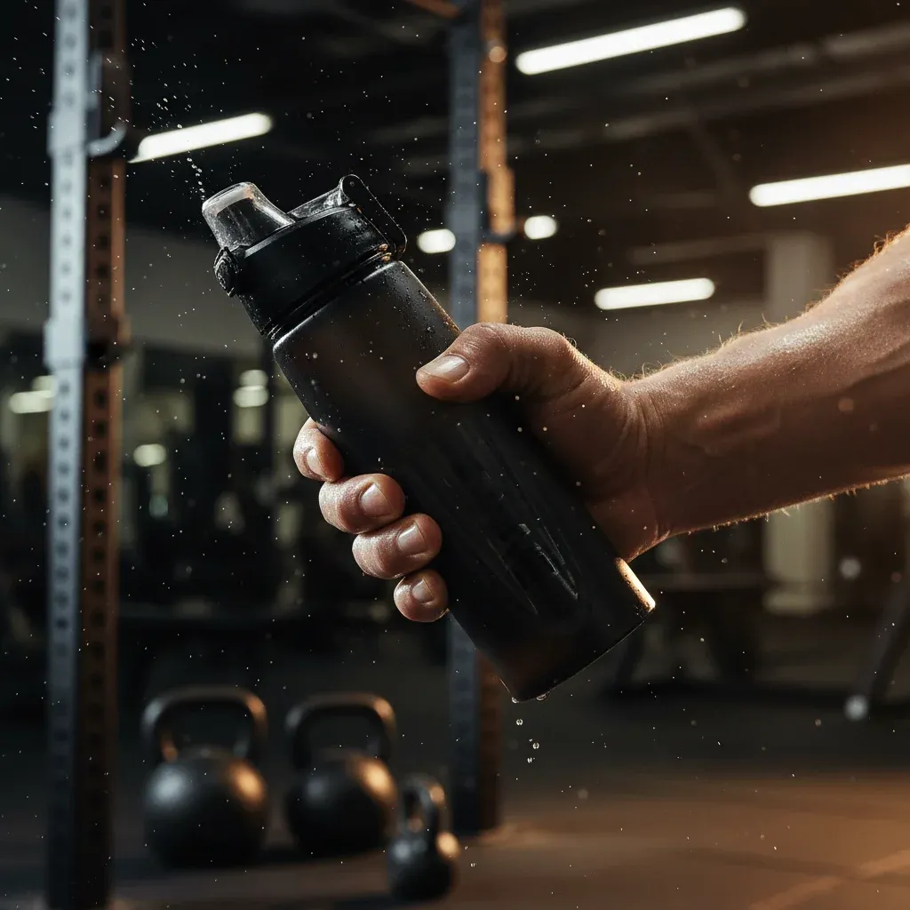 Dynamic fitness action shot of the same matte-black shaker bottle