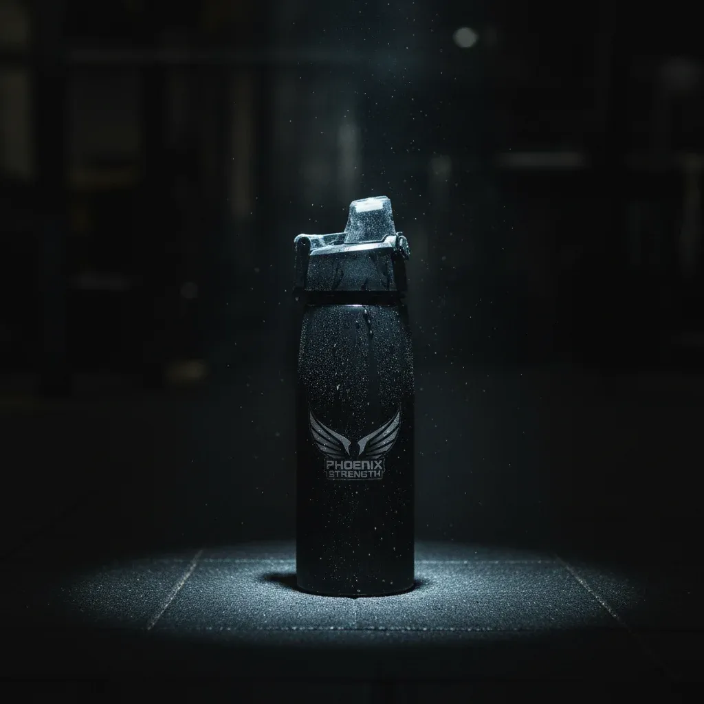 Dark, moody editorial shot of the same fitness shaker bottle