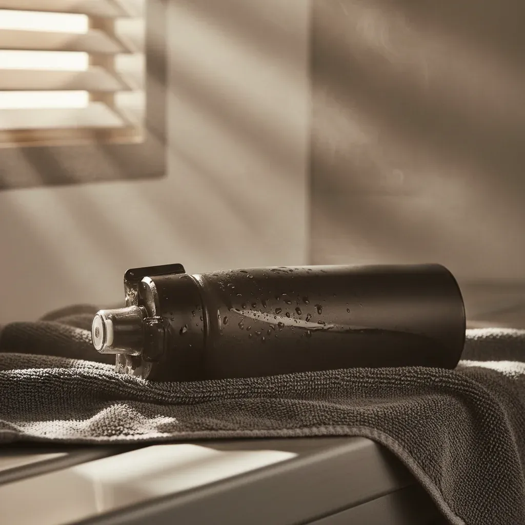 Editorial close-up of the same protein shaker bottle resting on