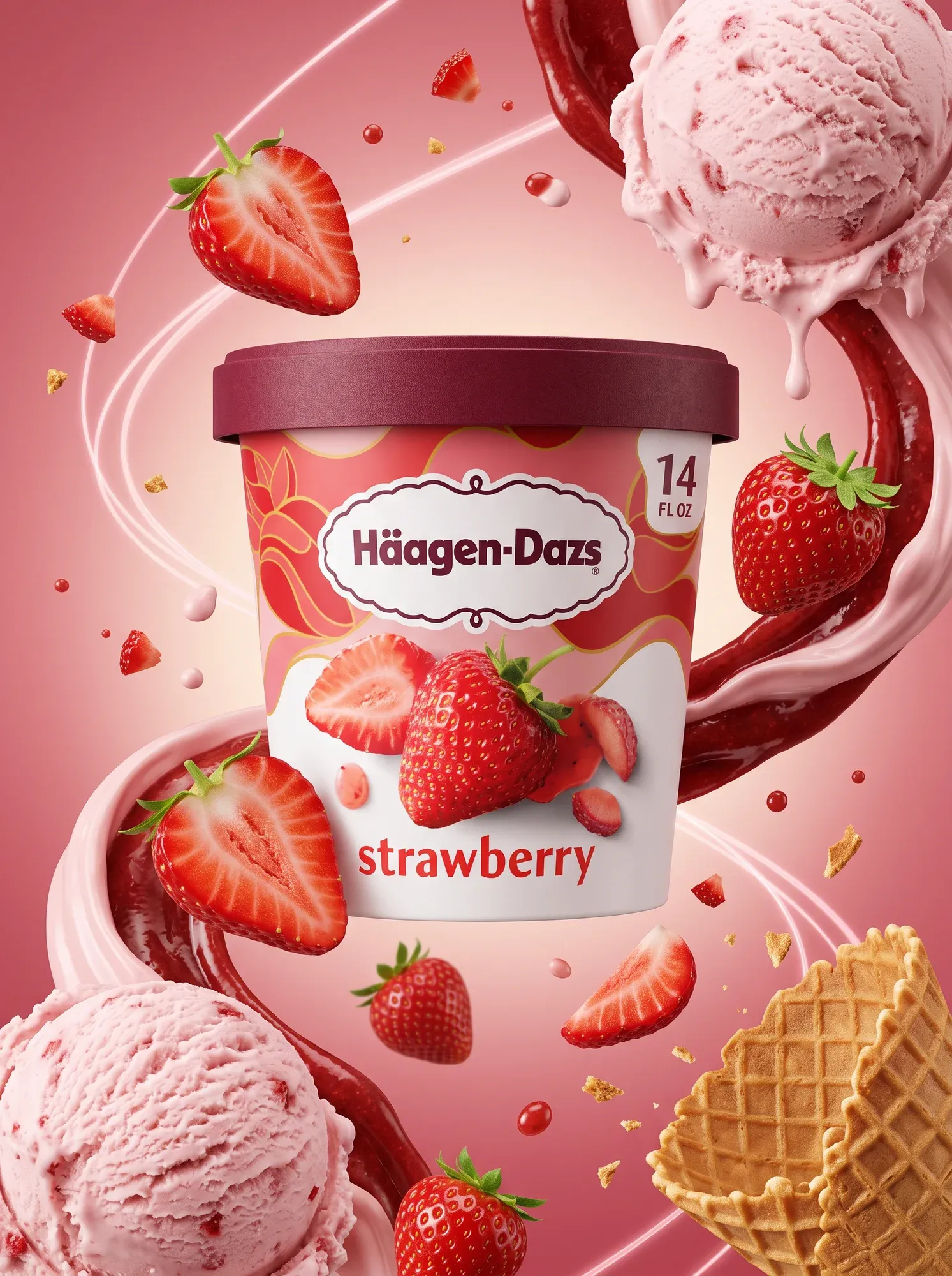 anuncio 3D de helado con ingredientes flotantes