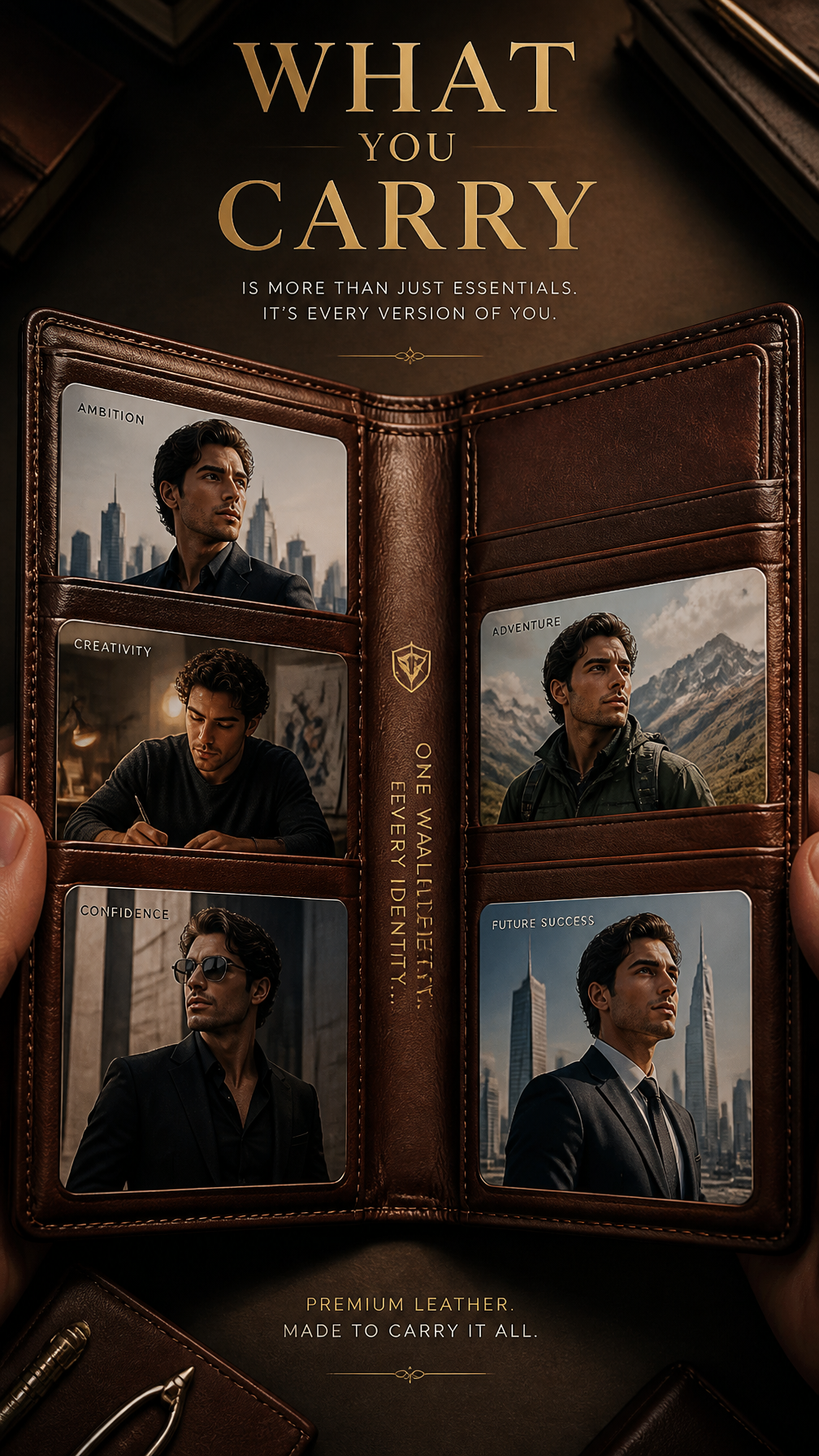 A premium 9:16 wallet advertising poster.Main Subject: