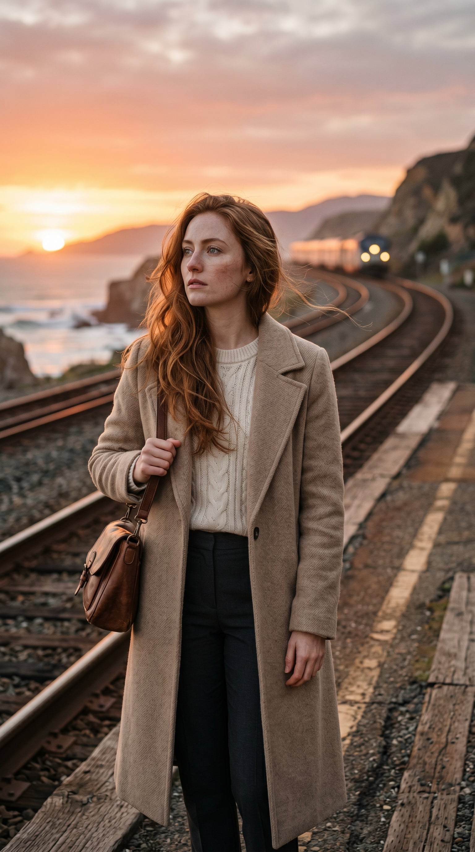 Ultra-realistic cinematic portrait of a beautiful young woman with long wavy auburn hair …