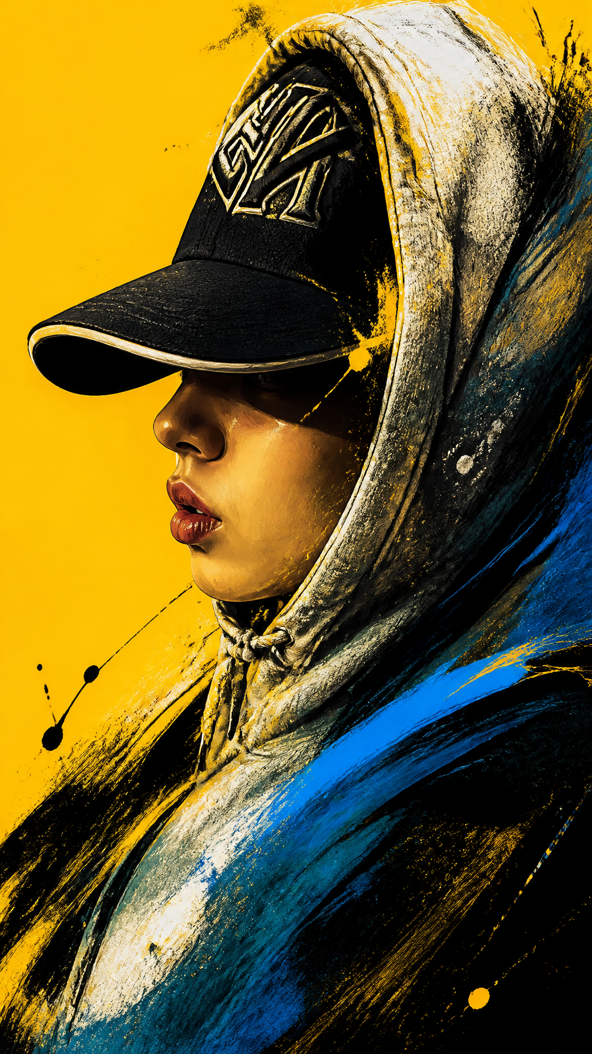 A bold, high contrast digital portrait of[image1] in side profile, facing left. The style…