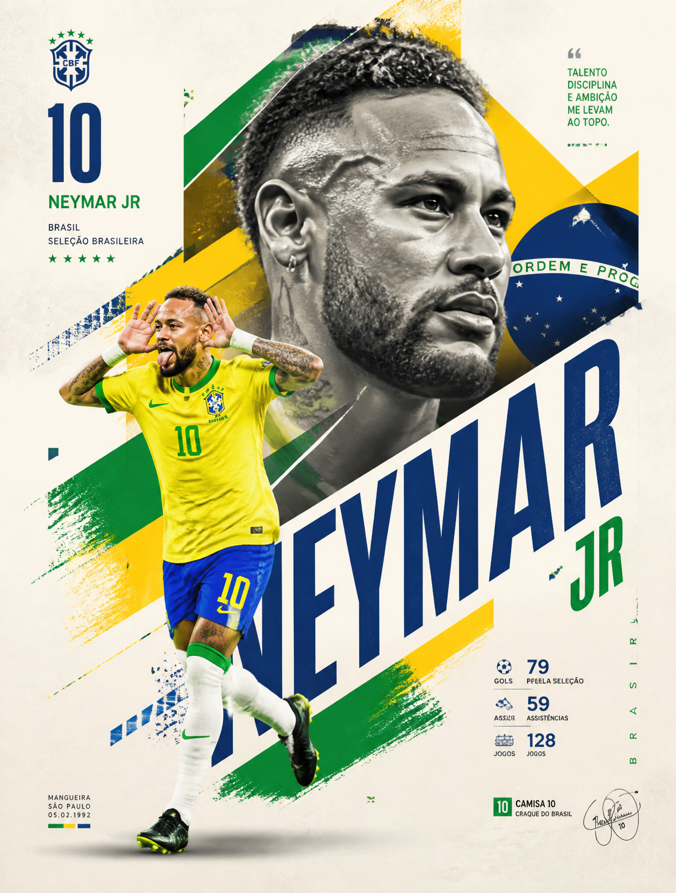 A professional sports graphic design poster of Neymar Jr., designed in a clean, modern, a…