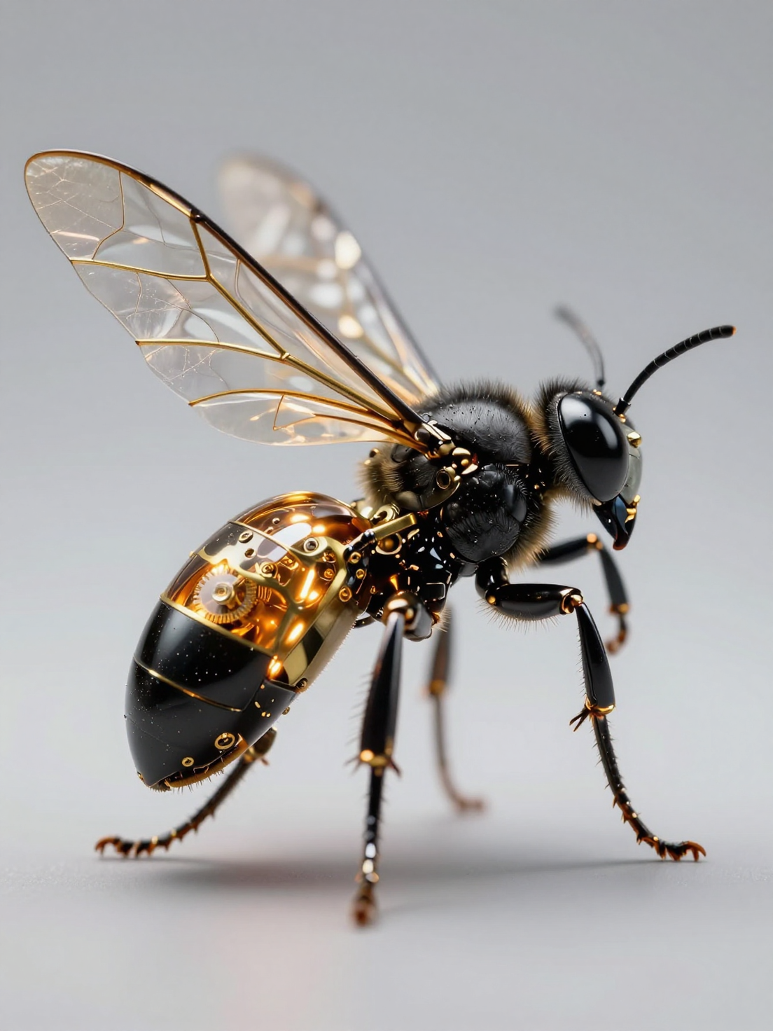 A hyper-detailed mechanical wasp stands in a static pose, constructed from polished obsid…