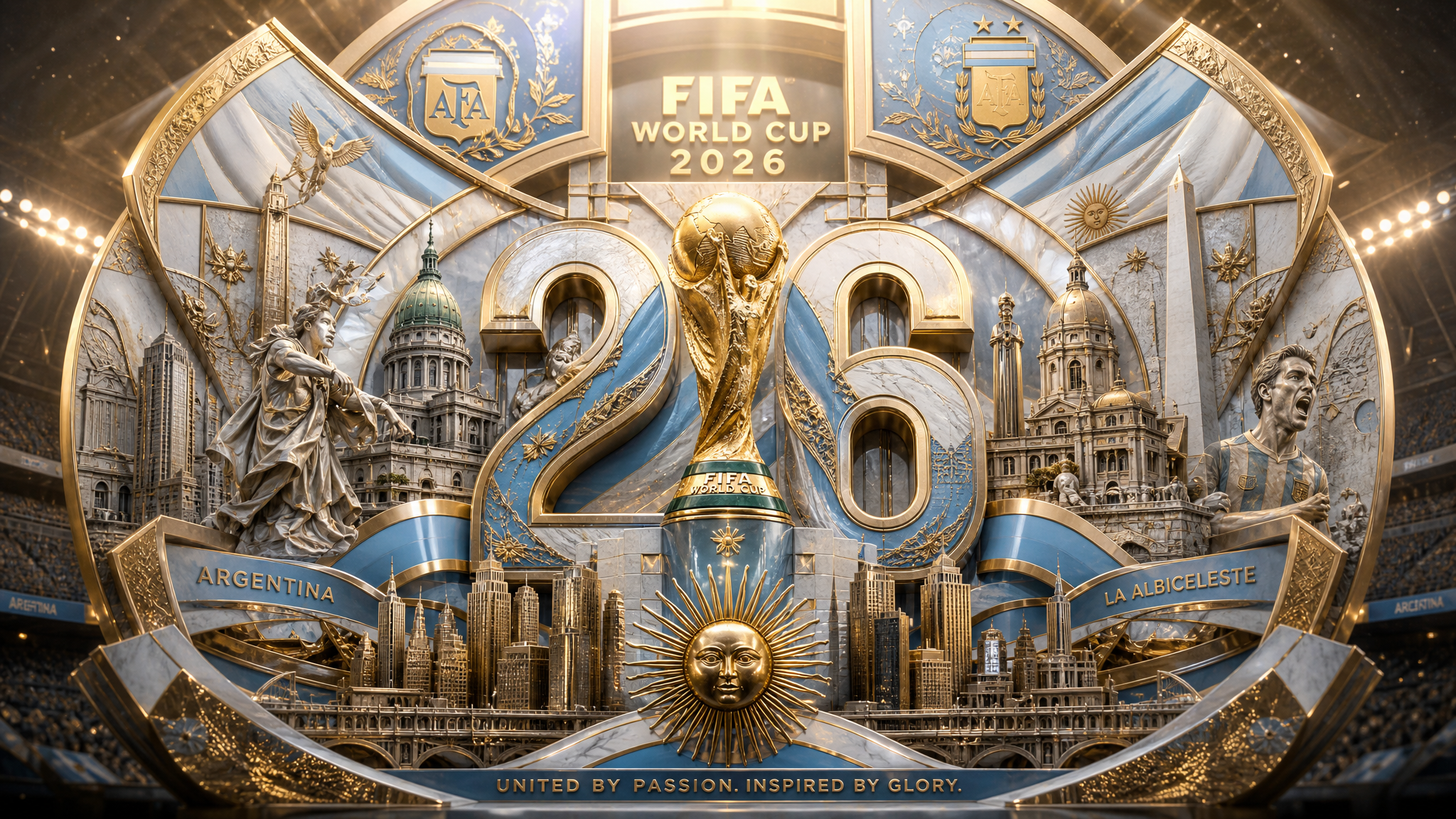 Ultra-luxury FIFA World Cup 2026 poster, monumental layered Art Deco architecture made fr…
