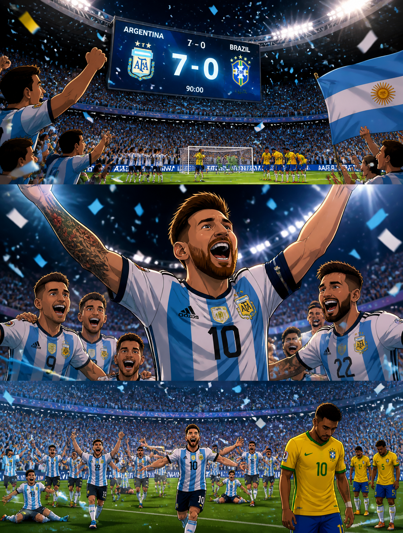 Epic Argentina vs Brazil football match, 2D cartoon cinematic style, massive stadium pack…