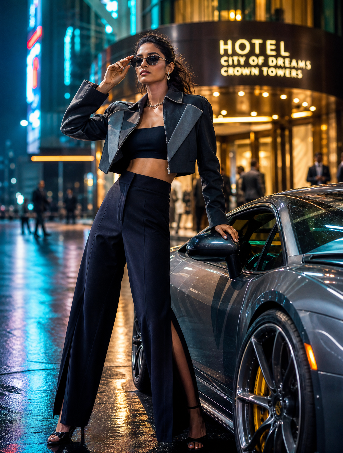 A striking South Asian fashion model in a high-end modern street-luxury ensemble. She wea…