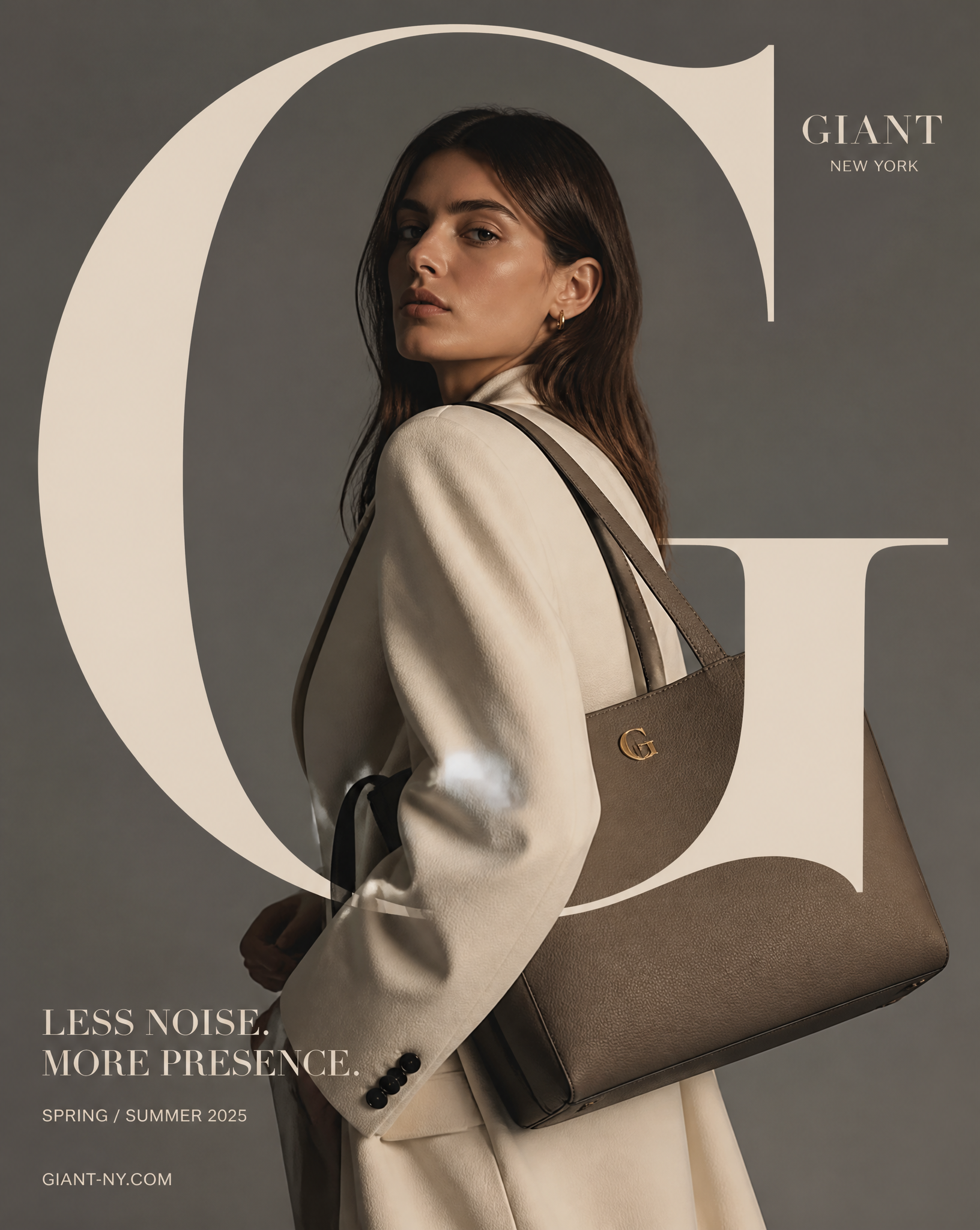 Create a high-end luxury fashion campaign mockup with strong typography, realistic fashio…