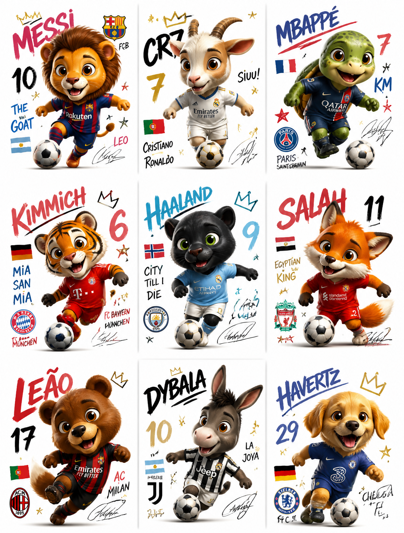 Create a collection of 9 square poster illustrations featurin animals football players in…