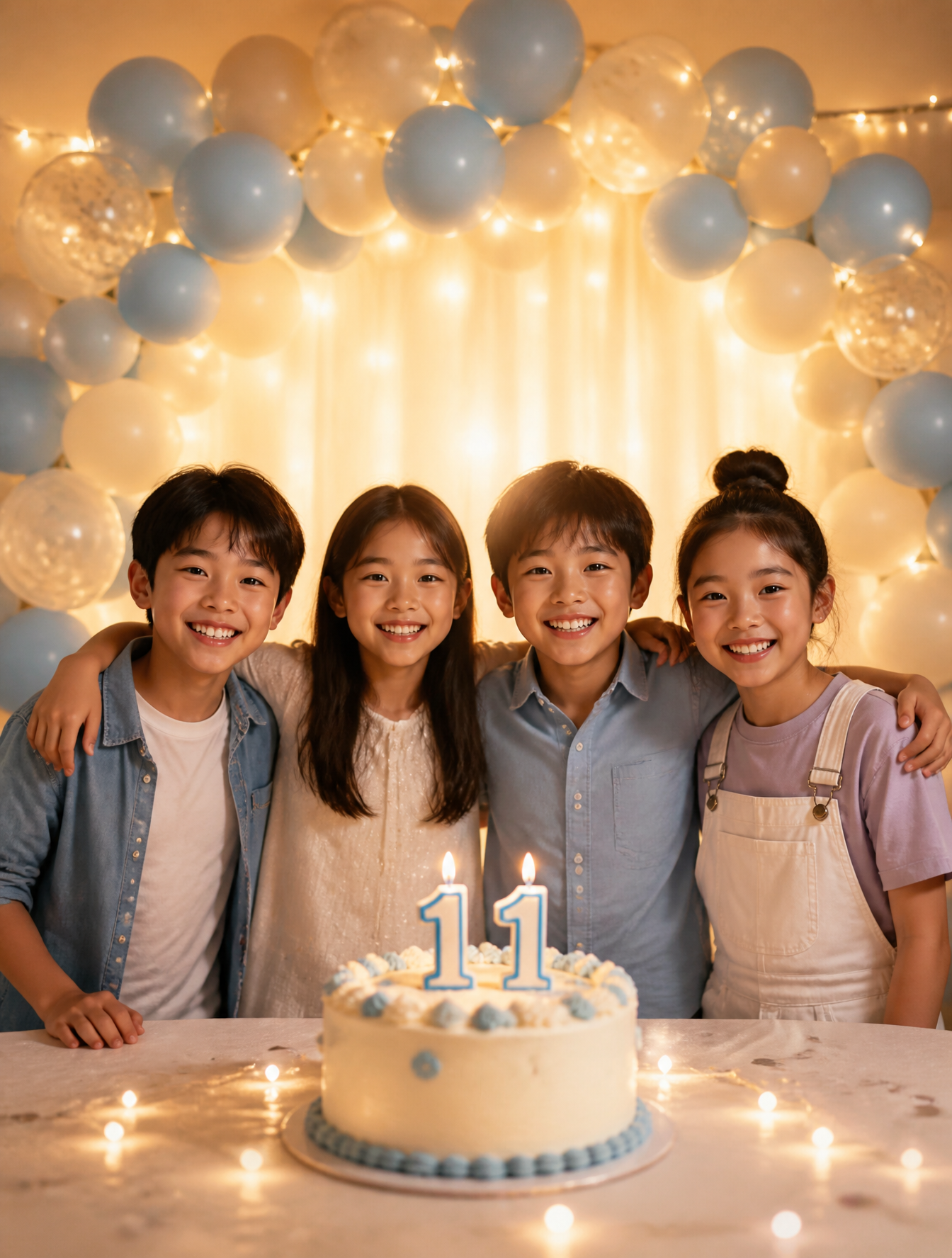 Four children stand in a horizontal line behind a birthday cake, positioned against a bac…