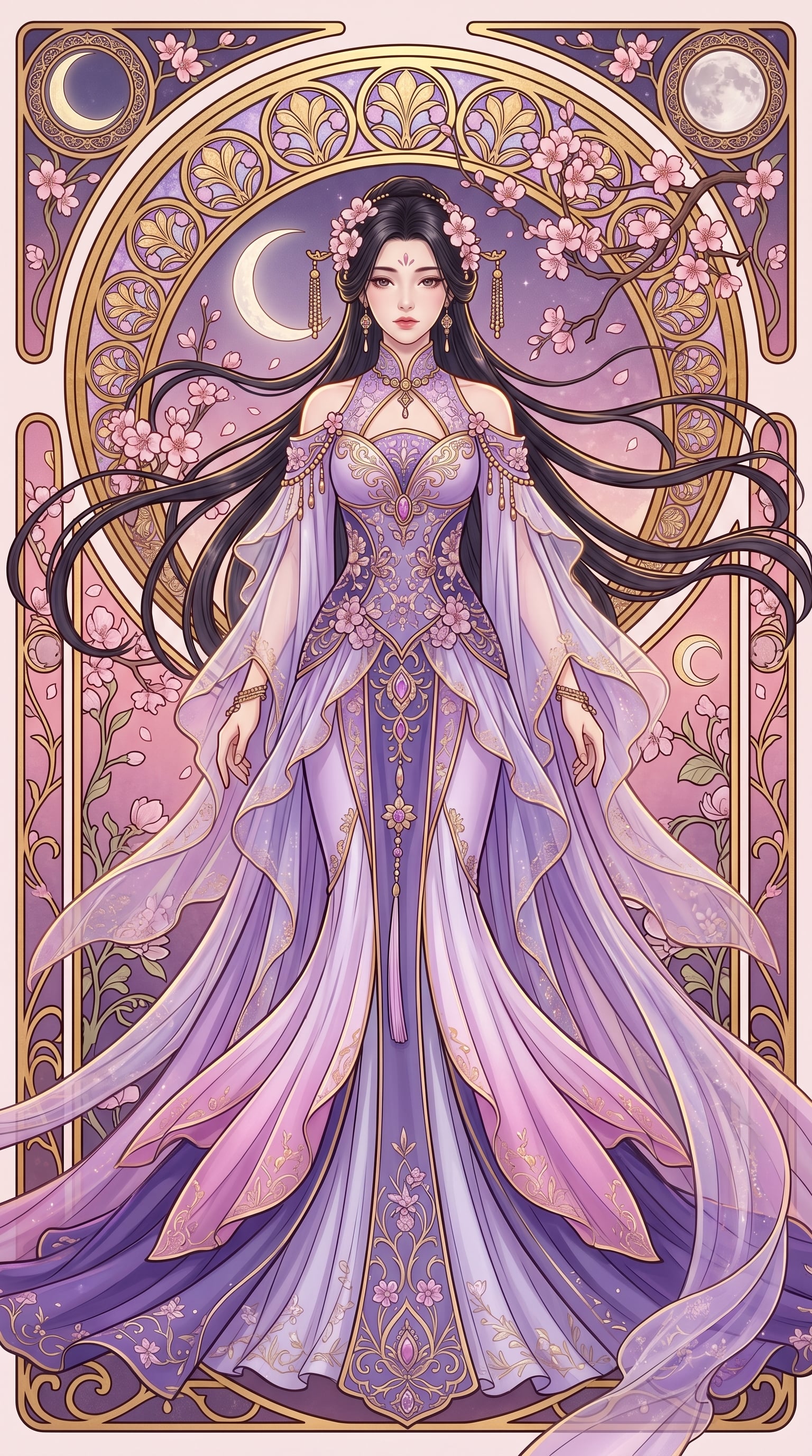 9:16 vertical format; an exquisitely ornate Art Nouveau-style poster featuring a full-bod…